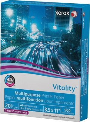 Xerox® Vitality® 8.5" x 11" 3-Hole Punch Multipurpose Printer Paper, 20 lbs., 92 Brightness, 500/Ream (3R2641)