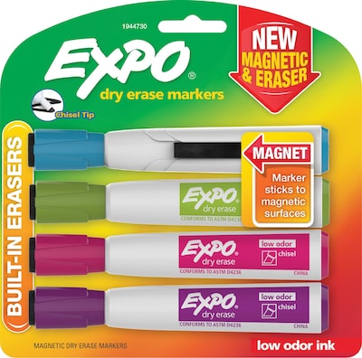 Expo Magnetic Dry Erase Marker with Eraser, Chisel Point, Assorted Colors, 4/Pack (1944730)
