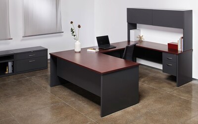 Quill Brand® Modular Desk Right Hand Single Pedestal Credenza, Charcoal/Mahogany, 24"Dx72"W