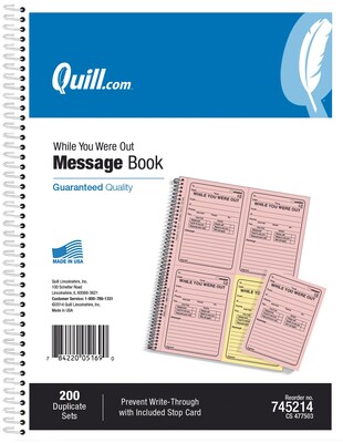 Quill Brand® While You Were Out Book, 11 x 8-1/2,  Assorted, 200 Forms/Book (745214)