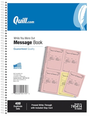  Quill Brand® While You Were Out Book, 11" x 8-1/4", Assorted, 400 Forms/Book (745414) 