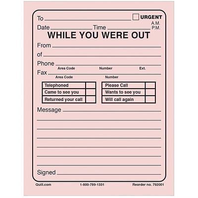 Quill Brand® While-You-Were-Out Message Pads, 5-1/2 x 4-1/4, 50 Sheets/Pad, 12 Pads/Pack (792001)