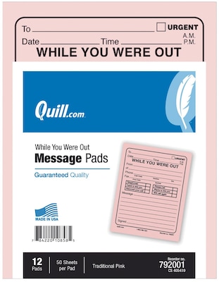 Quill Brand® While-You-Were-Out Message Pads, 5-1/2 x 4-1/4, 50 Sheets/Pad, 12 Pads/Pack (792001)