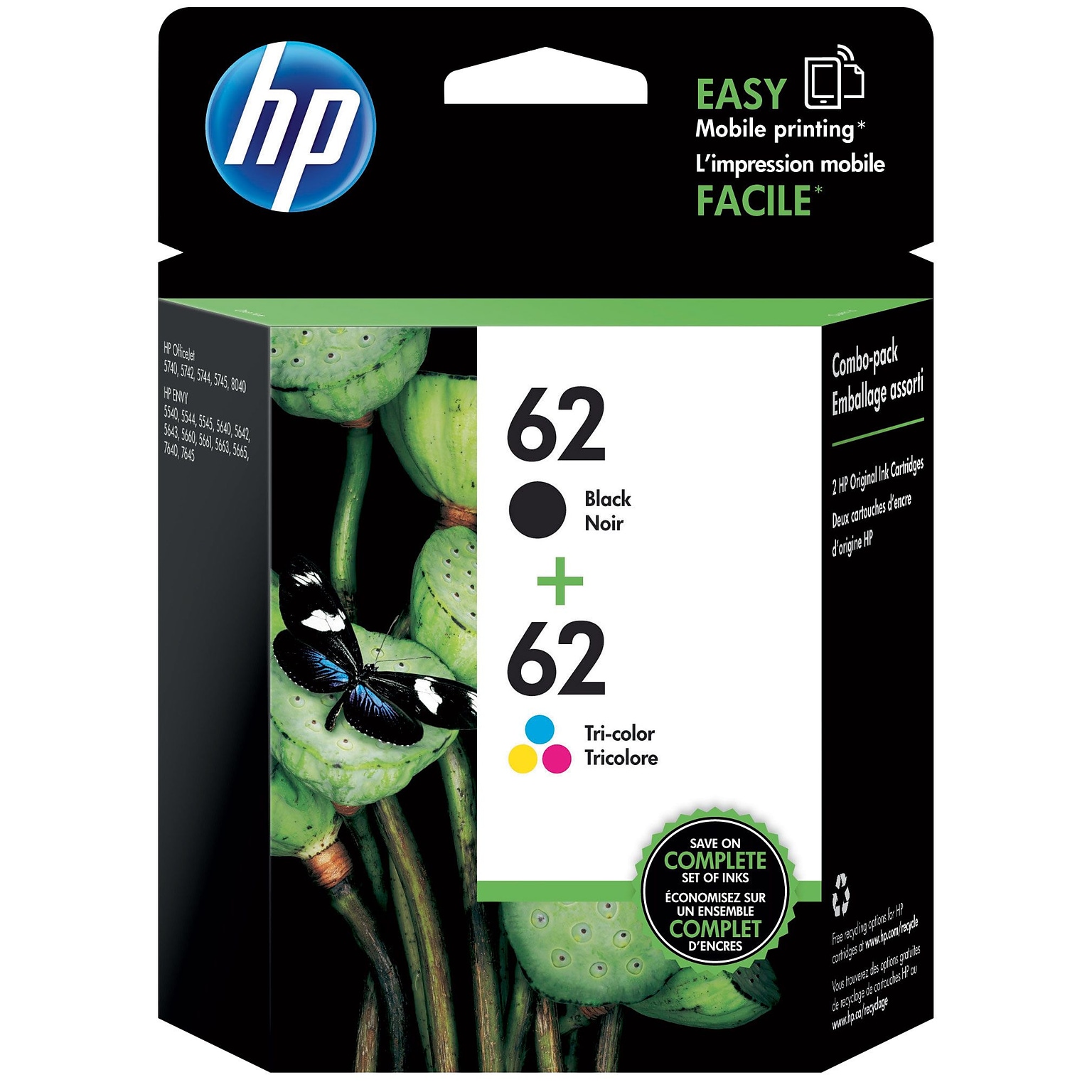 HP 62 Black/Tri-Color Standard Yield Ink Cartridge, 2/Pack (N9H64FN#140)