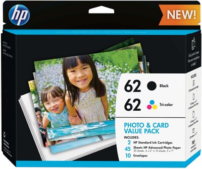 HP 62 Black/Tri-Color Standard Yield Ink Cartridge, 2/Pack (K3W67AN#140)