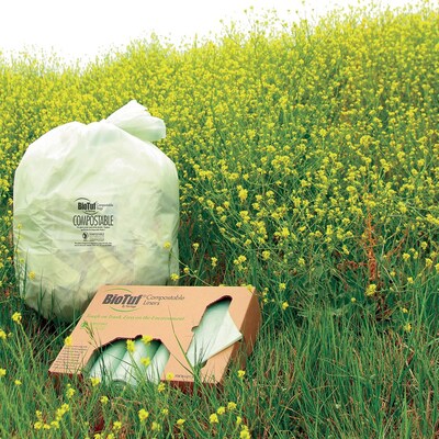 BioTuf Compostable Coreless Trash Bags, 13 Gallon, 24"x32", 0.88Mil, Green, 25 Bags/Roll, 8 Rolls