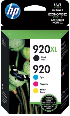HP 920XL/920 Black High Yield and Cyan/Magenta/Yellow Standard Yield Ink Cartridge, 4/Pack (N9H61FN#140)