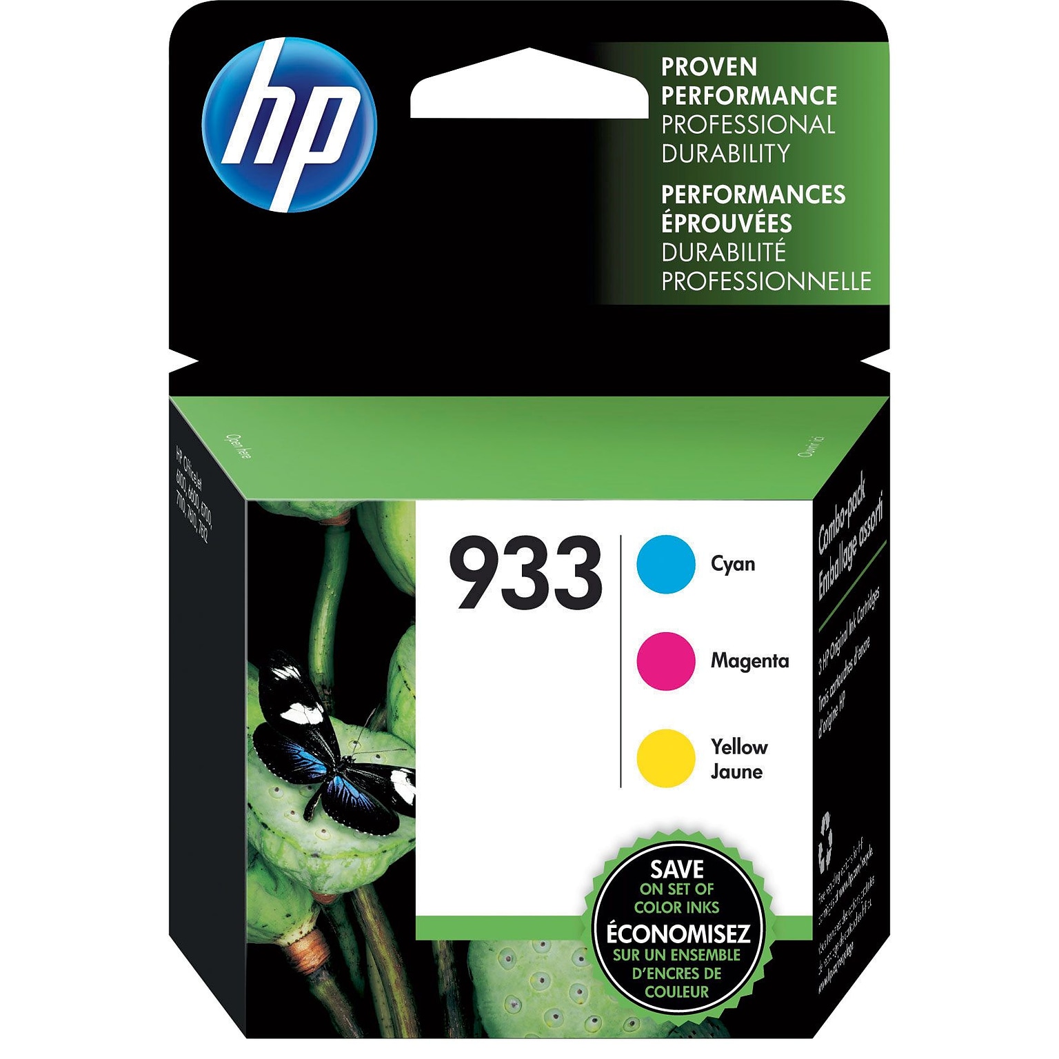 HP 933 Cyan/Magenta/Yellow Standard Yield Ink Cartridge, 3/Pack (N9H56FN#140)