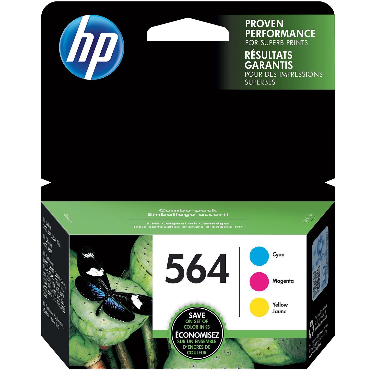 HP 564 Cyan/Magenta/Yellow Standard Yield Ink Cartridge, 3/Pack (N9H57FN#140)
