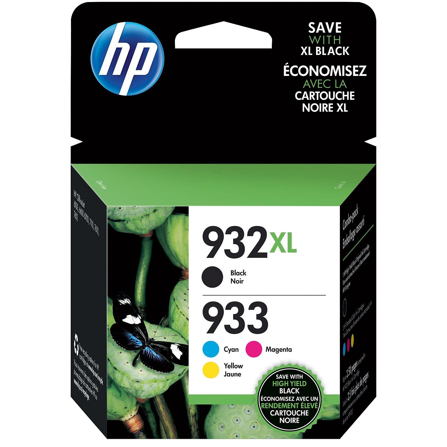 HP932XL/933 Black High Yield and Cyan/Magenta/Yellow Standard Yield Ink Cartridge, 4/Pack (N9H62FN#140)