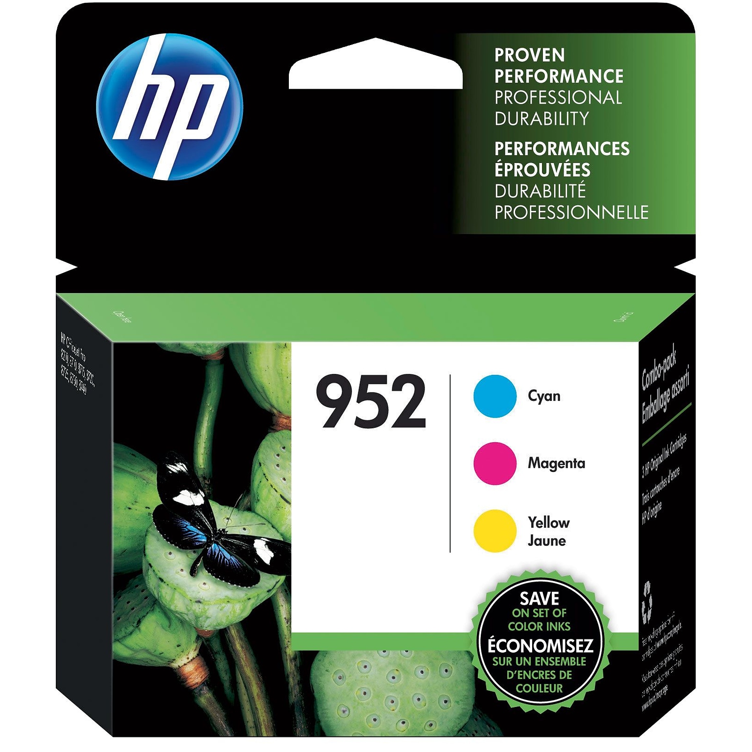 HP 952 Cyan/Magenta/Yellow Standard Yield Ink Cartridge, 3/Pack (N9K27AN#140), print up to 1890 pages