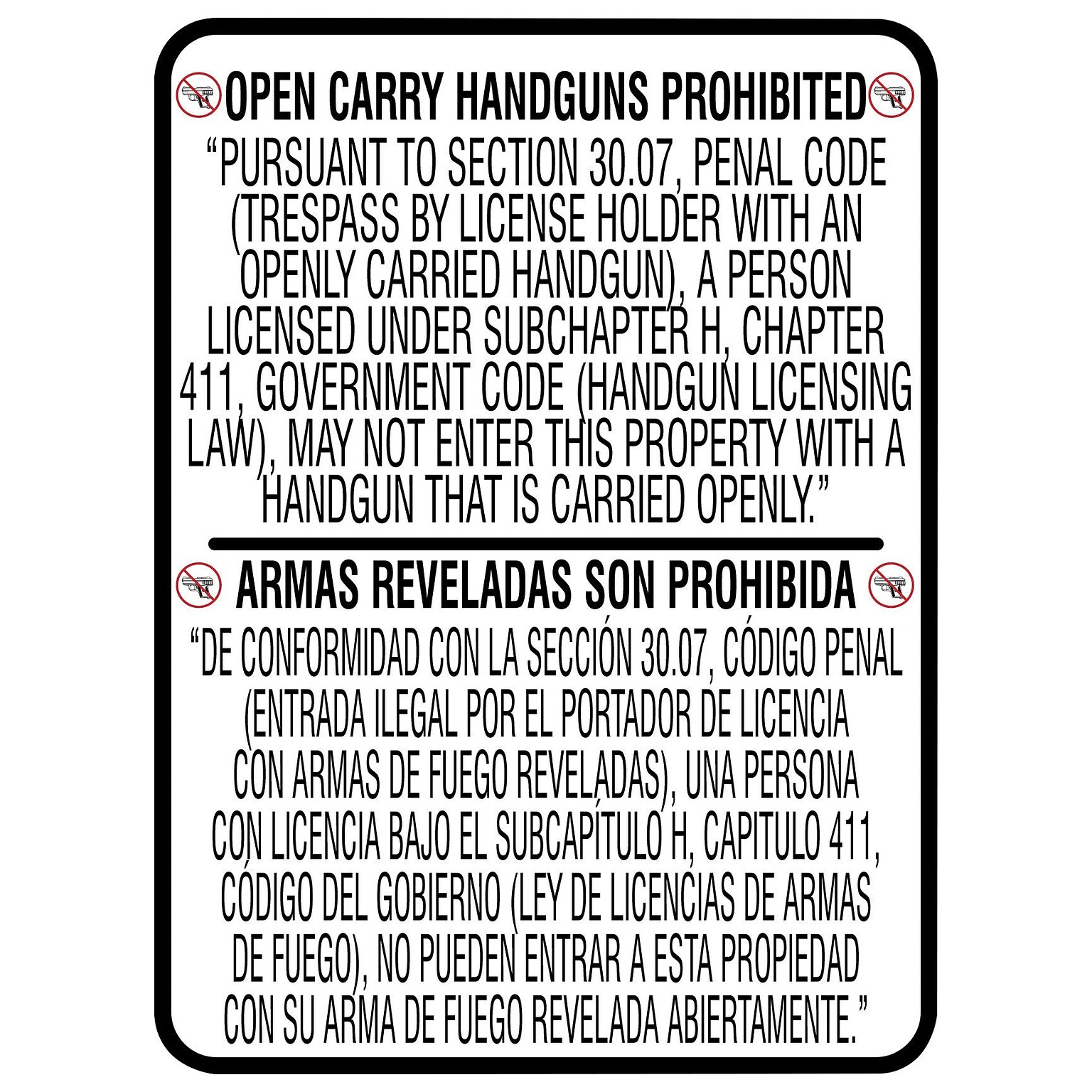 Accuform Spanish-Bilingual Texas 30.07 Safety Sign, OPEN CARRY HANDGUNS PROHIBITED, 24 x 18, Dura-Plastic (MACC509XT)