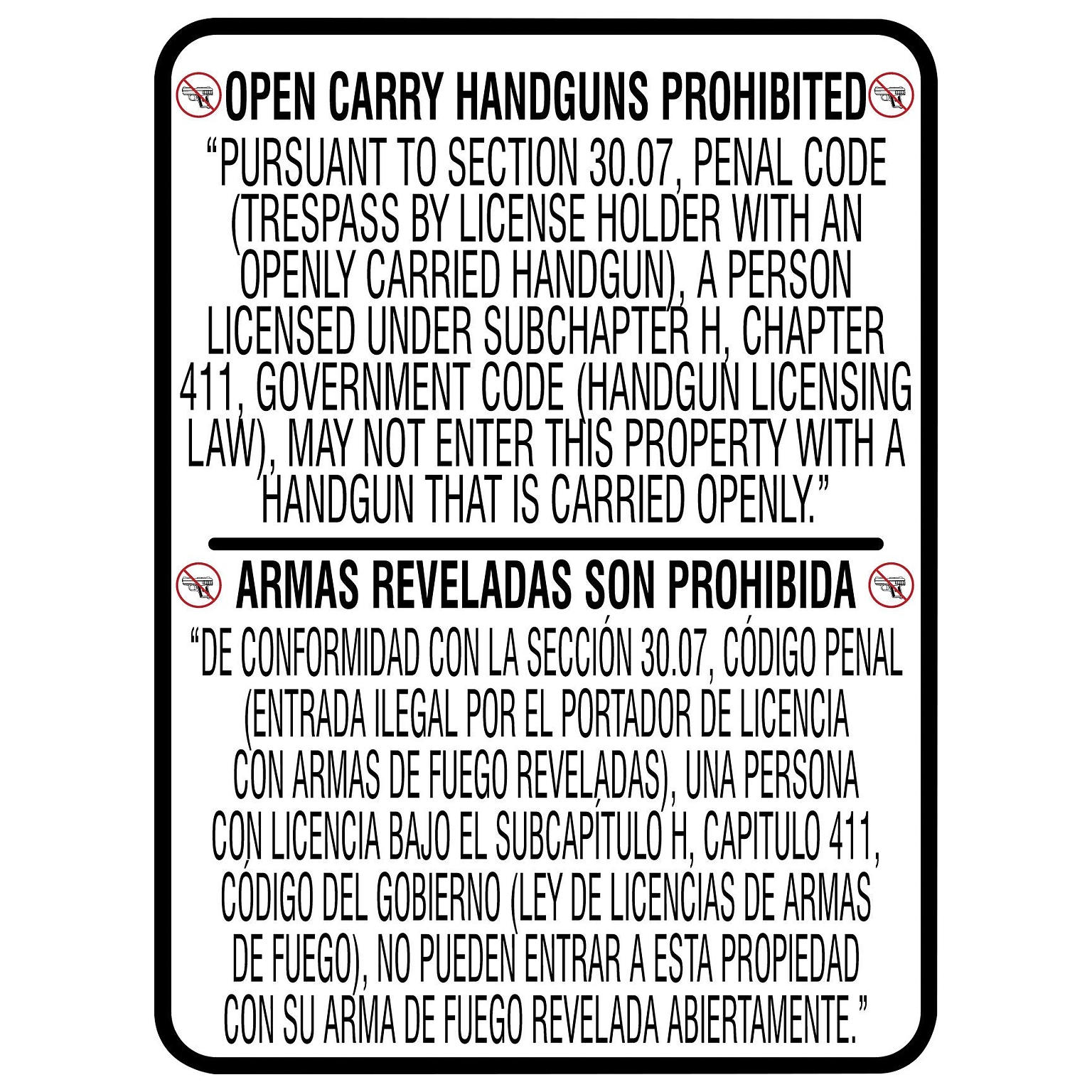 Accuform Spanish-Bilingual Texas 30.07 Safety Sign, OPEN CARRY HANDGUNS PROHIBITED, 24 x 18, Aluminum (MACC509VA)