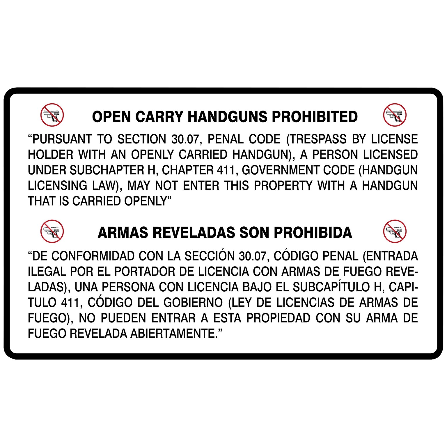 Accuform Spanish-Bilingual Texas 30.07 Safety Sign, OPEN CARRY HANDGUNS PROHIBITED, 30 x 48, Aluma-Lite (MACC510XL)