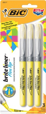 BIC Brite Liner Stick Highlighter with Grip, Flex Tip, Yellow, 3/Pack (GBLBP31-YEL)