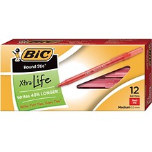 BIC Round Stic Xtra Life Ballpoint Pens, Medium Point (1.0mm), Red, Dozen (GSM11RD)