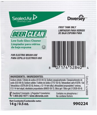 BeerClean® Low Suds Glass Cleaner Dish Detergent, Unscented, 0.5 Oz., 100/CT