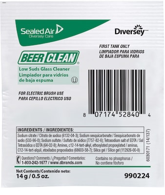 BeerClean® Low Suds Glass Cleaner Dish Detergent, Unscented, 0.5 Oz., 100/CT