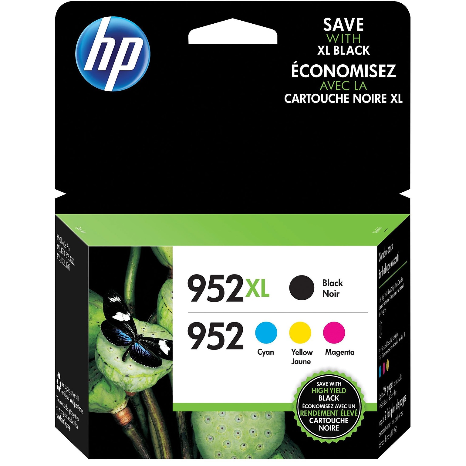 HP 952XL/952 Black High Yield and Cyan/Magenta/Yellow Standard Yield Ink Cartridge, 4/Pack (N9K28AN#140)