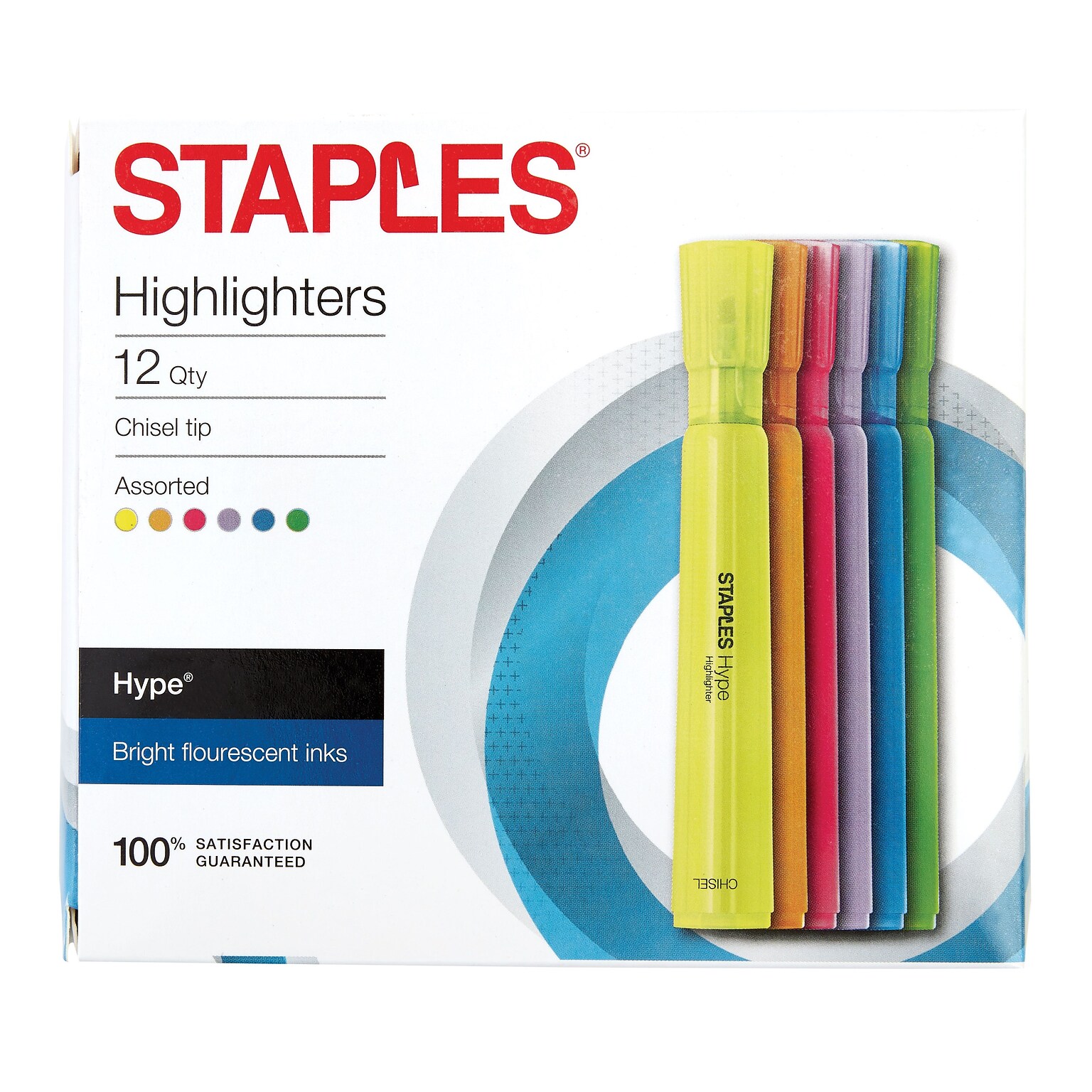 Staples Hype Tank Highlighters, Chisel, Assorted, 48/Pk (29204CT)
