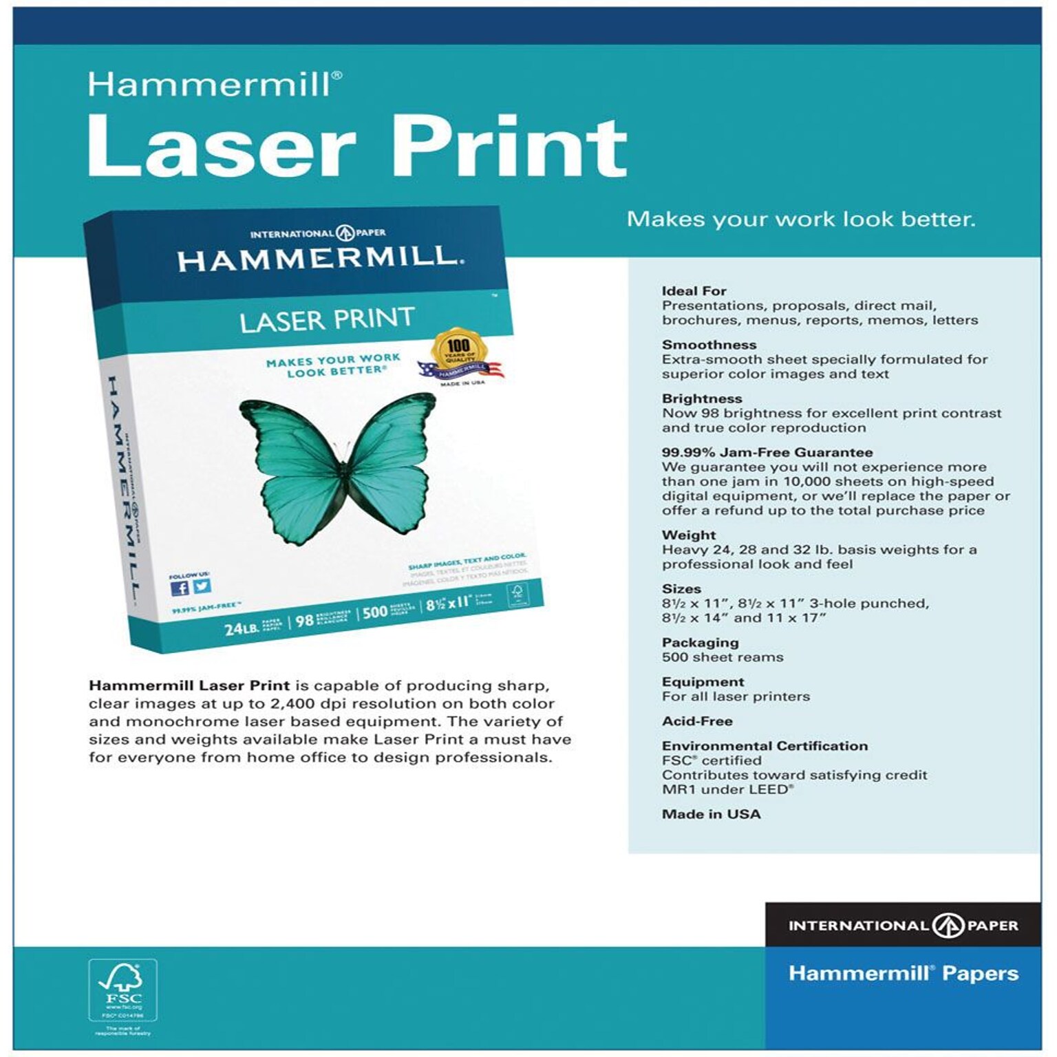 Hammermill 8.5 x 11 Laser Print Paper, 28 lbs., 98 Brightness, 500 Sheets/Ream, 8 Reams/Carton (12553-4)