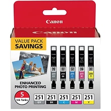 Canon 251 Black/Cyan/Magenta/Yellow/Gray Standard Yield Ink Cartridge, 5/Pack (6513B011)