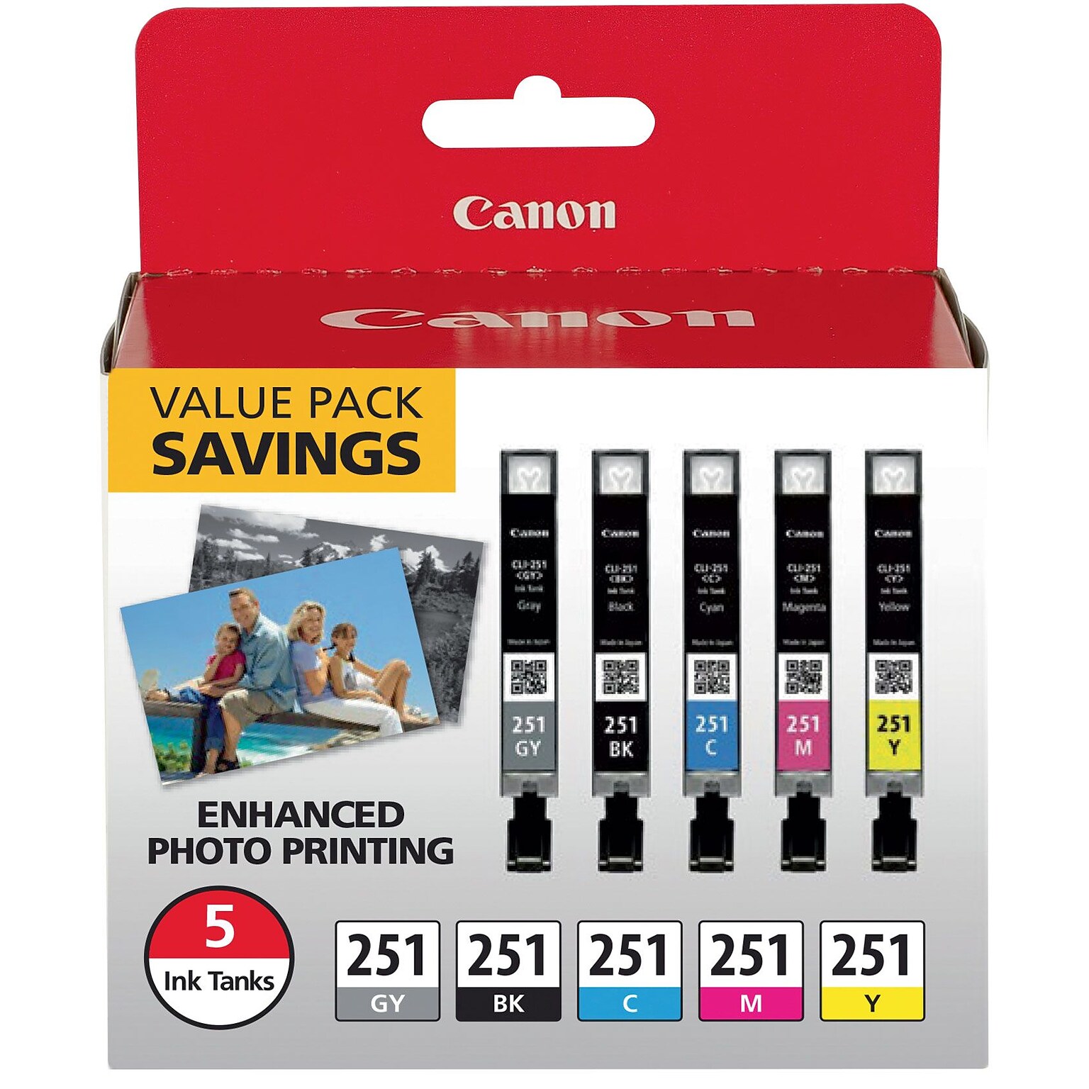 Canon 251 Black/Cyan/Magenta/Yellow/Gray Standard Yield Ink Cartridge, 5/Pack (6513B011)