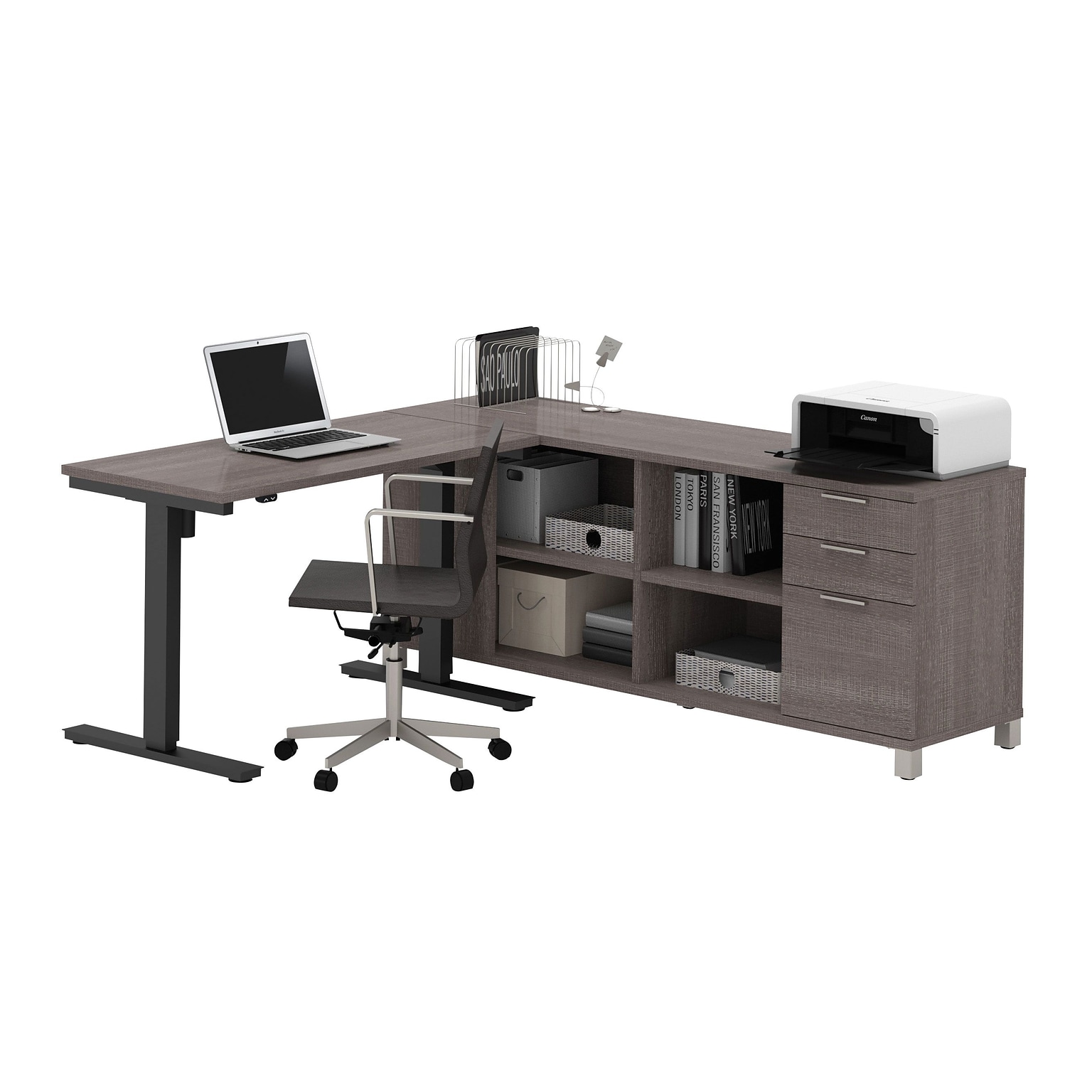 Bestar® Pro-Linea L-Desk w/ Height-Adjustable Table in Bark Gray