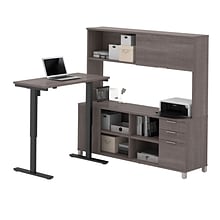 Bestar® Pro-Linea L-Desk, Hutch, & Height-Adjustable Table in Bark Gray