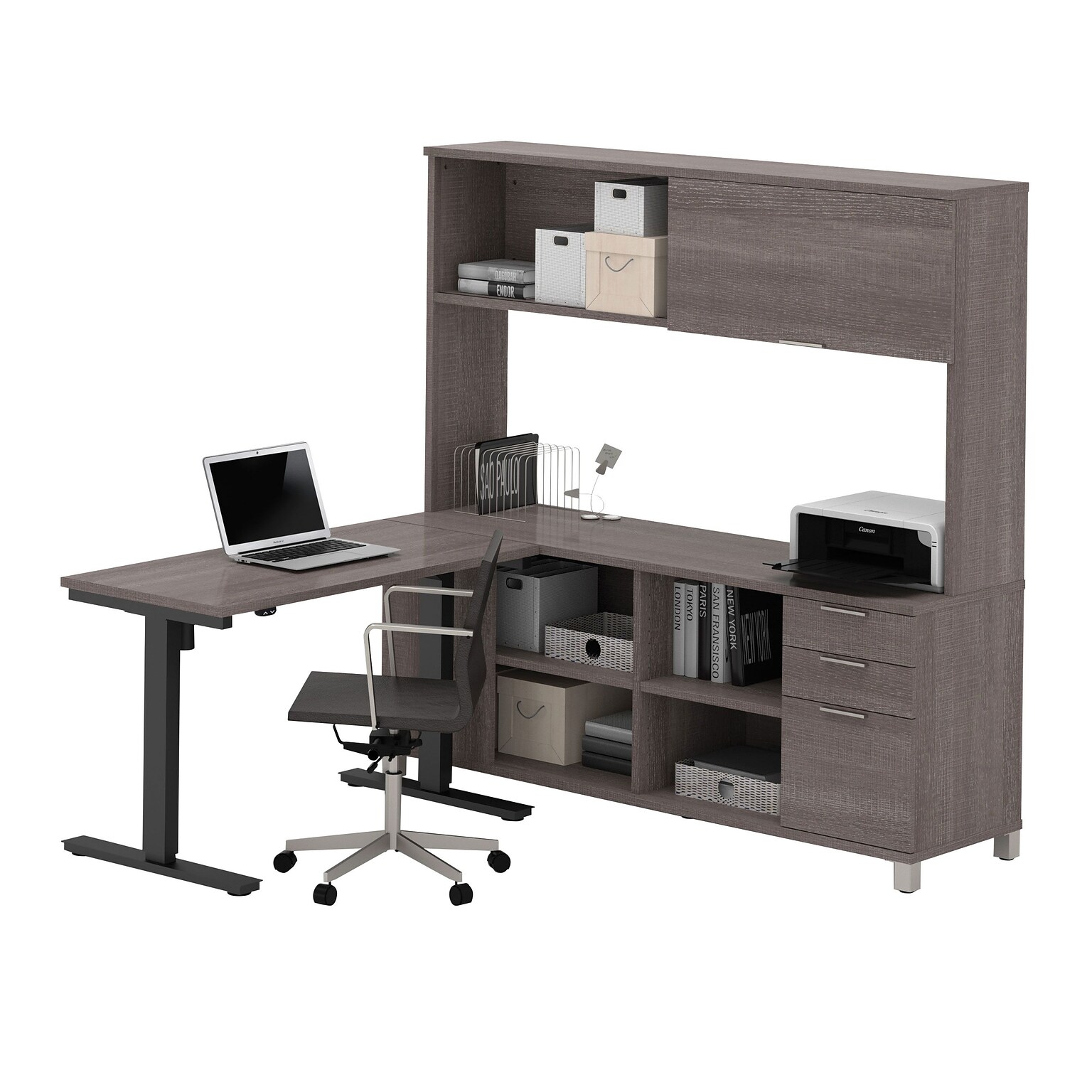 Bestar® Pro-Linea L-Desk, Hutch, & Height-Adjustable Table in Bark Gray