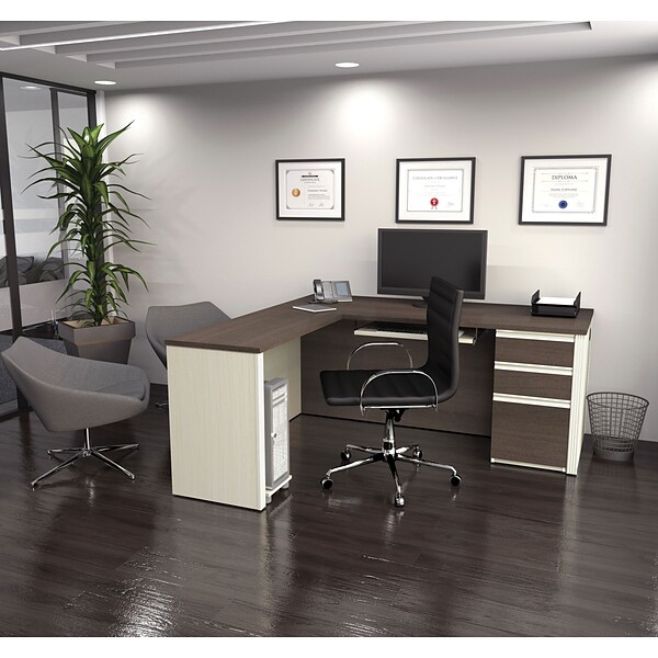 Bestar® Prestige+ L-Station and 1 Pedestal in White Chocolate & Antigua