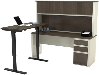 Bestar® Prestige+ L-Desk, Hutch, & Height-Adjustable Table in White Chocolate & Antigua