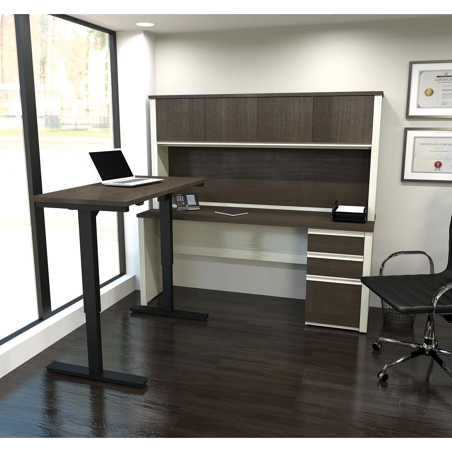 Bestar® Prestige+ L-Desk, Hutch, & Height-Adjustable Table in White Chocolate & Antigua