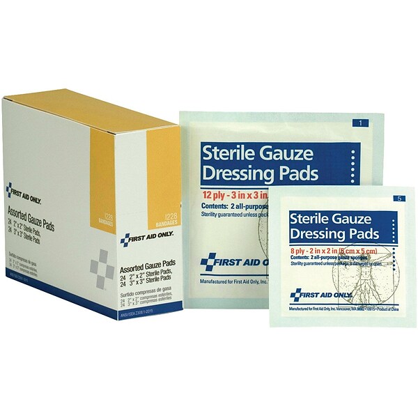 First Aid Only  2 x 2/3 x 3 Sterile 8-12 ply, Gauze Dressing Pads, 48/Box (I228)