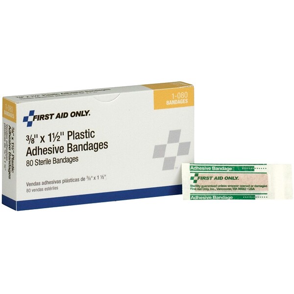 First Aid Only Plastic Bandages, 3/8 x 1.5, 80/Box (1-080)