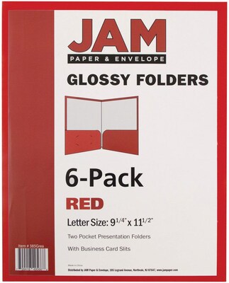 JAM Paper Glossy 2-Pocket Portfolio Folder, Red, 6/Pack (385Grea)