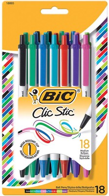 BIC Corporation Clic Stic Retractable Ballpoint Pen, Medium Point, Assorted, 18/Pack