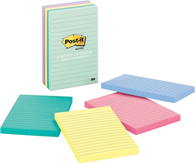 Post-it Notes, 4 x 6, Beachside Café Collection, Lined, 100 Sheet/Pad, 5 Pads/Pack (MMM6605PKASTCT
