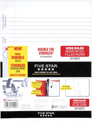 Five Star Reinforced Wide Ruled Filler Paper, 10-1/2 x 8, White, 100 Sheets/Pack (15000)
