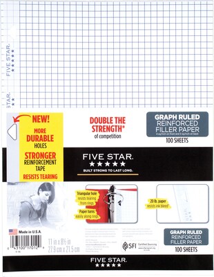 Five Star Reinforced Graph Ruled Filler Paper, 8 1/2 x 11, White, 100 Sheets/Pack (17012)