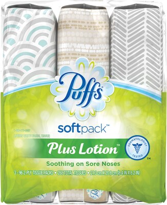 Puffs® Plus Lotion Facial Tissues, 3 Softpacks, 96 Tissues per Softpack