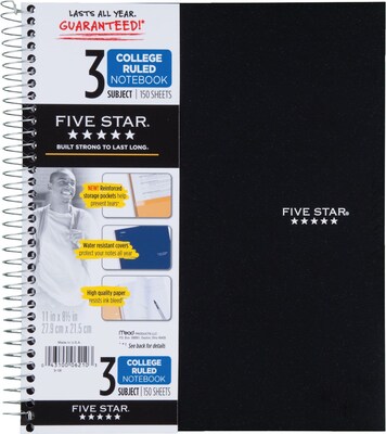 Mead Five Star 3-Subject Notebook, 8.5" x 11", College Ruled, 150 Sheets, Assorted Colors, Each (06050/06210)