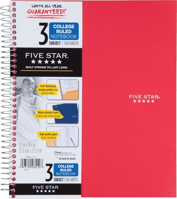 Mead Five Star 3-Subject Notebook, 8.5" x 11", College Ruled, 150 Sheets, Assorted Colors, Each (06050/06210)