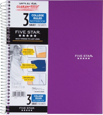 Mead Five Star 3-Subject Notebook, 8.5" x 11", College Ruled, 150 Sheets, Assorted Colors, Each (06050/06210)