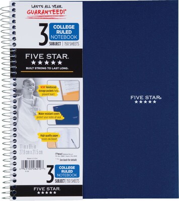 Mead Five Star 3-Subject Notebook, 8.5" x 11", College Ruled, 150 Sheets, Assorted Colors, Each (06050/06210)