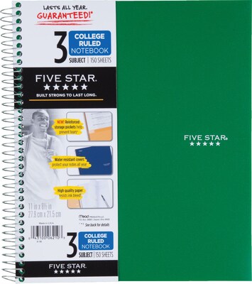 Mead Five Star 3-Subject Notebook, 8.5" x 11", College Ruled, 150 Sheets, Assorted Colors, Each (06050/06210)