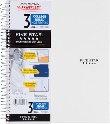 Mead Five Star 3-Subject Notebook, 8.5" x 11", College Ruled, 150 Sheets, Assorted Colors, Each (06050/06210)