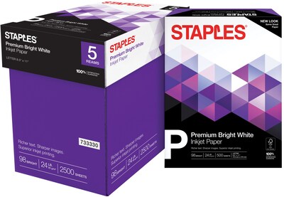 Staples Premium Inkjet & Laser Paper, 8.5 x 11, 24 lbs., Bright White, 500 Sheets/Ream, 5 Reams/Ca