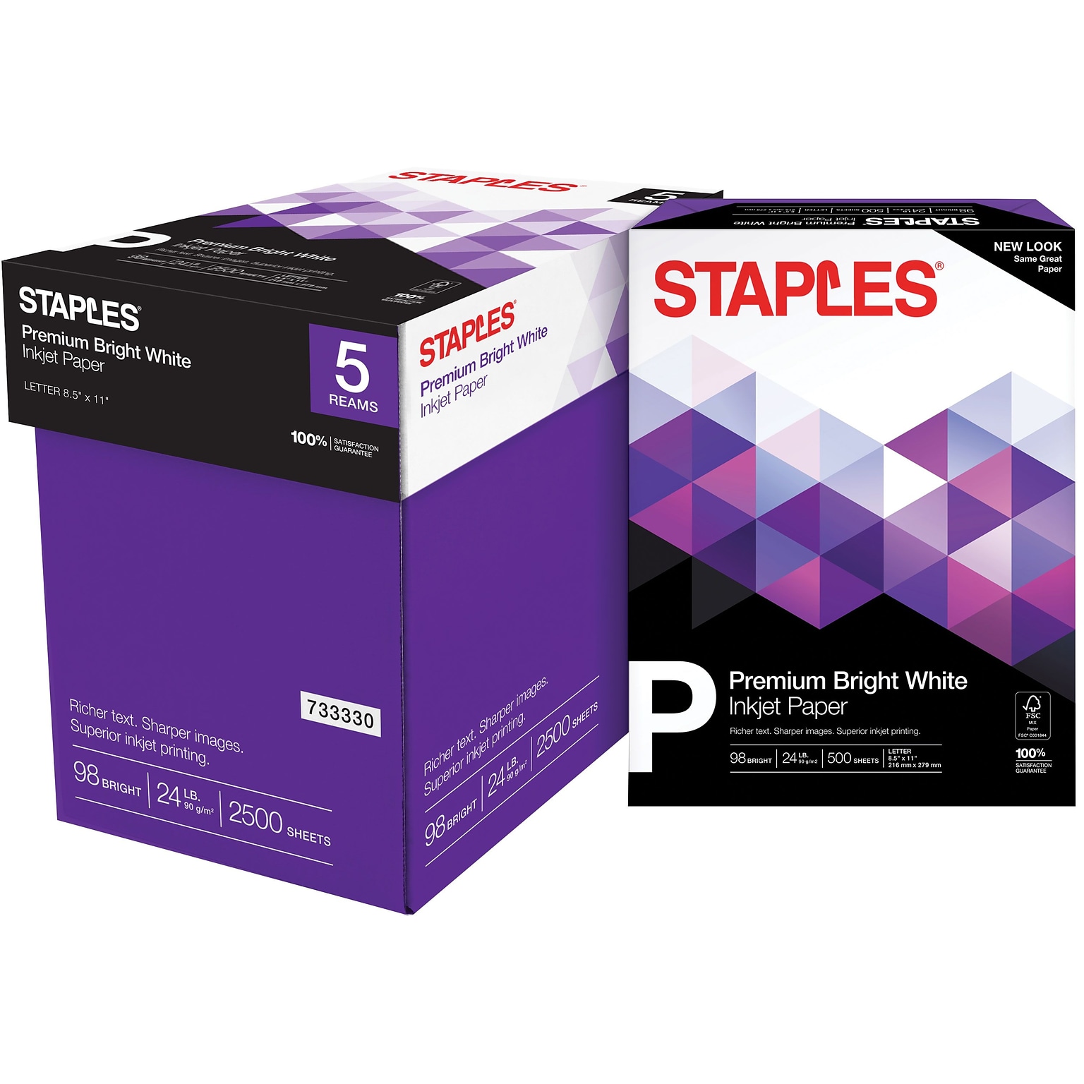 Staples Premium Inkjet & Laser Paper, 8.5 x 11, 24 lbs., Bright White, 500 Sheets/Ream, 5 Reams/Carton (733330)