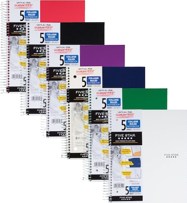 Five Star 5-Subject Subject Notebooks, 8.5 x 11, College Ruled, 200 Sheets, Each (06112/06208)